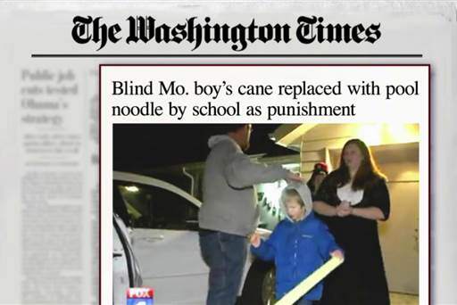 Image of Washington Times newspaper headline reading "Blind Mo. boy's cane replaced with pool noodle by school as punishment." Image of Washington Times newspaper headline reading "Blind Mo. boy's cane replaced with pool noodle by school as punishment."