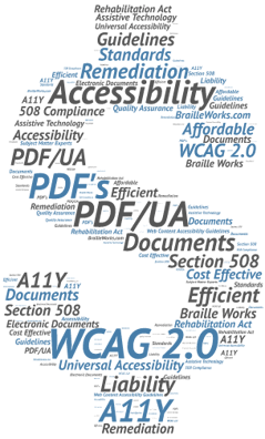 Word cloud in the shape of a dollar sign displaying words related to WCAG 2.0 compliance and section 508 refresh