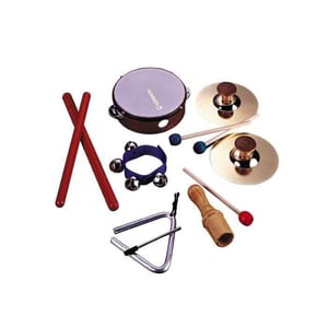 Image of the Hohner Kids Six Piece Rhythm Instrument Set including a tambourine, rhythm sticks, wrist bells, wood sounder and triangle with striker.