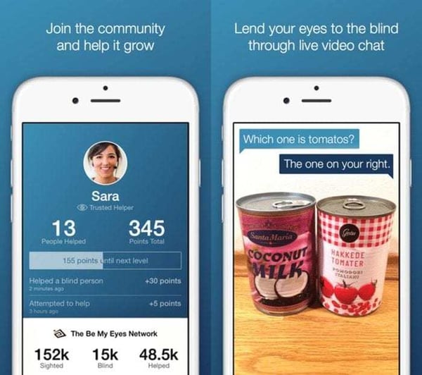 Image of a Be My Eyes screenshot showing a user profile on the left and two cans on the right. One is a can of coconut milk and the other is tomatoes. Image of a Be My Eyes screenshot showing a user profile on the left and two cans on the right. One is a can of coconut milk and the other is tomatoes.