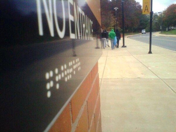 A "No Entrance" sign in print and braille. Only problem is the braille is flat and not readable. A "No Entrance" sign in print and braille. Only problem is the braille is flat and not readable.