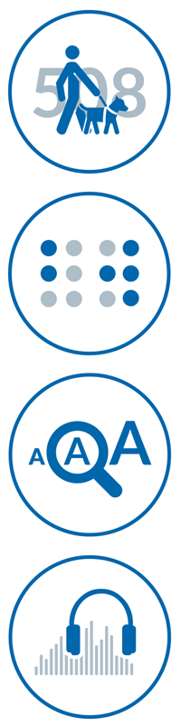 Image showing four circular icons. Each represents a Braille Works service; 508 Compliant documents, braille, large print and audio.