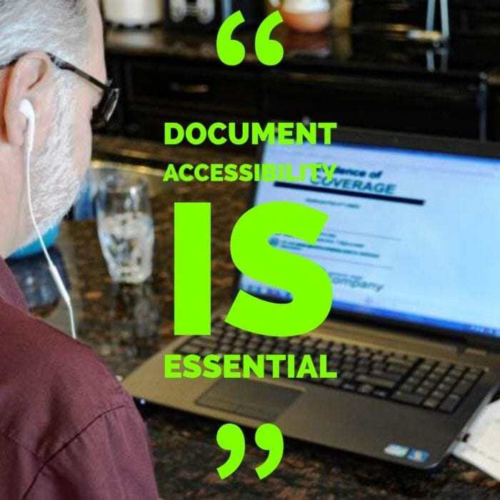 Man listening to his screen reader through headphones with a text overlay reading "Document accessibility is essential". Man listening to his screen reader through headphones with a text overlay reading "Document accessibility is essential".