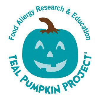 Graphical image showing a teal-colored pumpkin with the words "Food Allergy Research and Educations Teal Pumpkin Project" displayed.