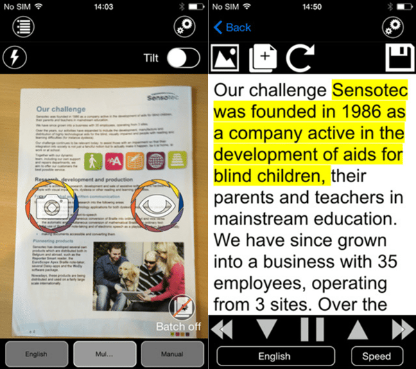 Image of a screenshot of the KNFB Reader showing highlighted text that is read aloud. Image of a screenshot of the KNFB Reader showing highlighted text that is read aloud.