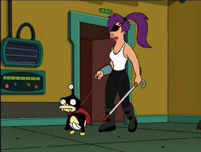 Leela walking with a white-cane while wearing a patch over her eye Leela walking with a white-cane while wearing a patch over her eye