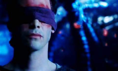 Neo wearing a blindfold to cover his wounded eyes after being blinded by Agent Smith near the end of Matrix Revolutions Neo wearing a blindfold to cover his wounded eyes after being blinded by Agent Smith near the end of Matrix Revolutions