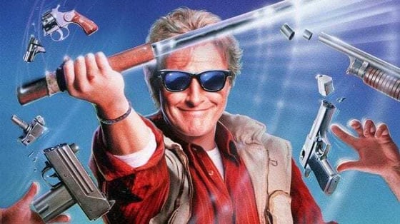 Cartoon image showing Nick Parker from Blind Fury cutting guns with a sword Cartoon image showing Nick Parker from Blind Fury cutting guns with a sword