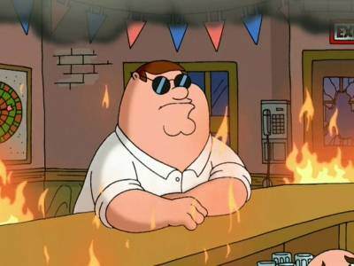 Peter Griffin sitting at the Drunken Clam bar while a fire rages around him. Peter Griffin sitting at the Drunken Clam bar while a fire rages around him.