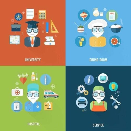 Collage image showing icons related to the service, university, healthcare and restaurant industries. Collage image showing icons related to the service, university, healthcare and restaurant industries.