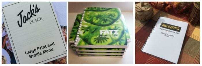 Three braille and large print restaurant menus. Three braille and large print restaurant menus.