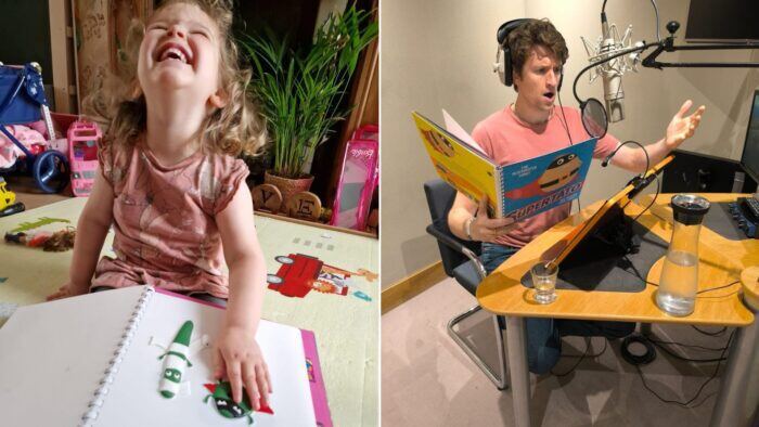 Two image collage. A young girl smiling while feeling tactile images in a braille children's book. A man recording audio descriptions for the children's book.