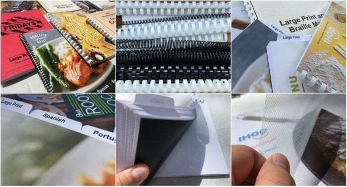 Collage of six images showing several braille and large print menus, covers, and binding options. Collage of six images showing several braille and large print menus, covers, and binding options.