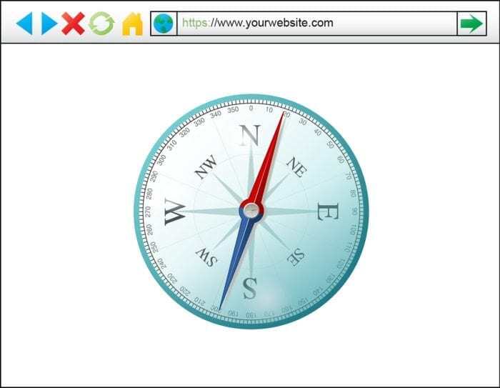 Browser window with with a large compass to represent website navigation. Browser window with with a large compass to represent website navigation.