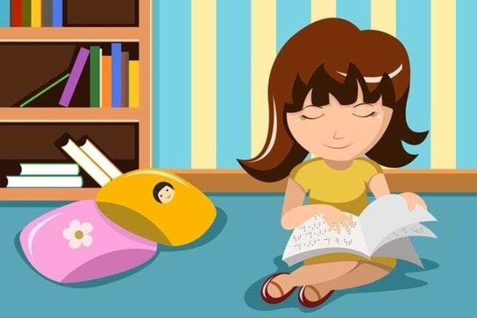 Cartoon image showing a little girl sitting on the floor reading a braille book. Cartoon image showing a little girl sitting on the floor reading a braille book.