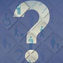 Giant question mark with disability related icons in the background.