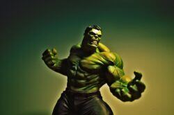 The Hulk standing and bearing his teeth, pulling his right arm back into a fist.