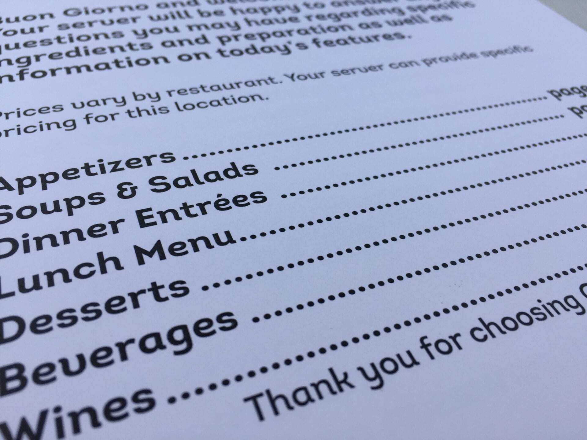 Close up of items on a large print menu