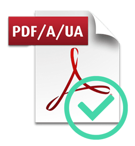 Adobe Acrobat icon with "PDF/A/UA" text at the top and a circle check mark at the bottom
