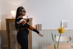 a blind customer walking to a table